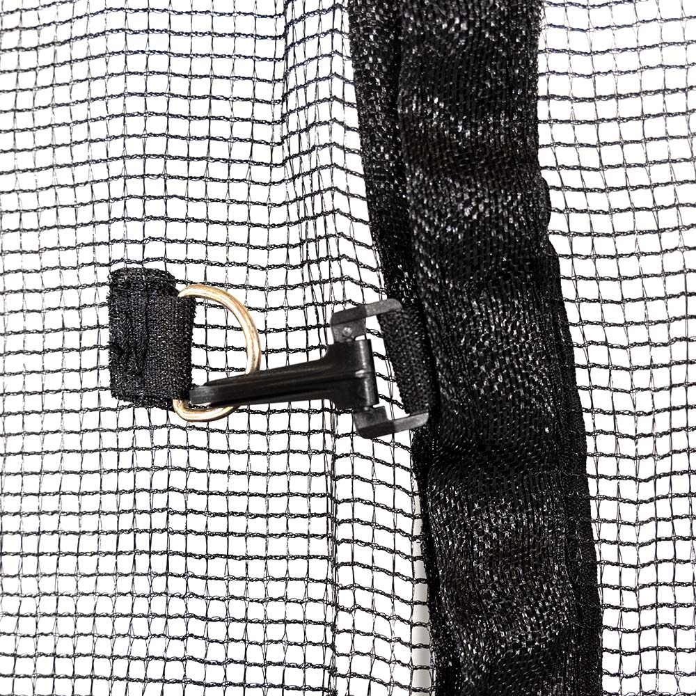 Black enclosure net door includes a clip for additional security. 