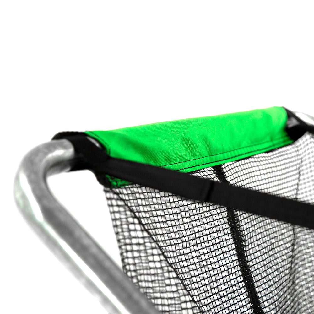 The Baseball and Softball Cart has green and black soft materials and gray powder-coated steel tubing.