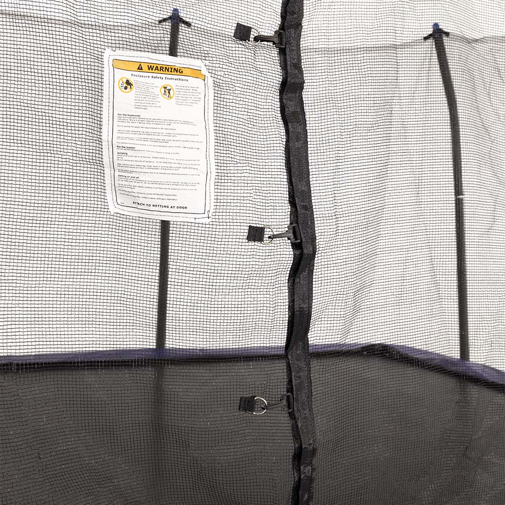 View of the 9-foot by 15-foot rectangle trampoline, looking through the enclosure net. 