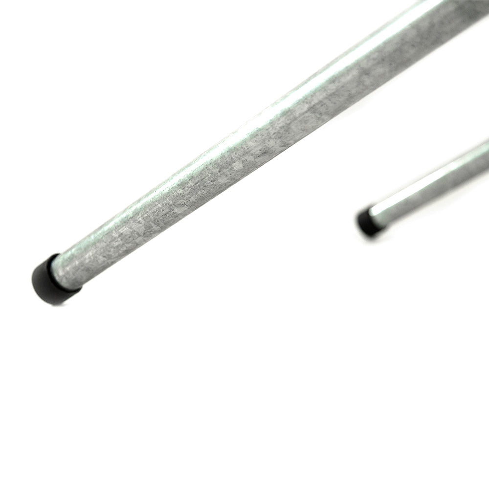 Silver powder-coated steel legs have black end caps on them. 