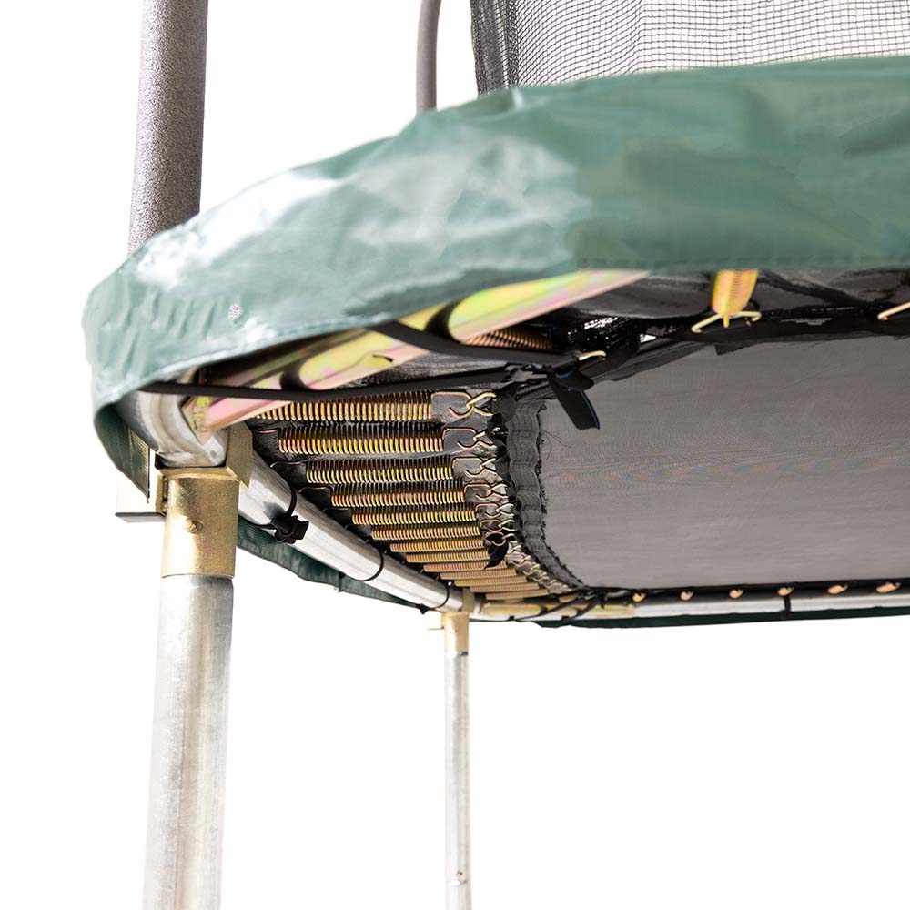 Underneath view of the 8-by14-foot rectangle trampoline shows the jump mat, frame, and springs. 