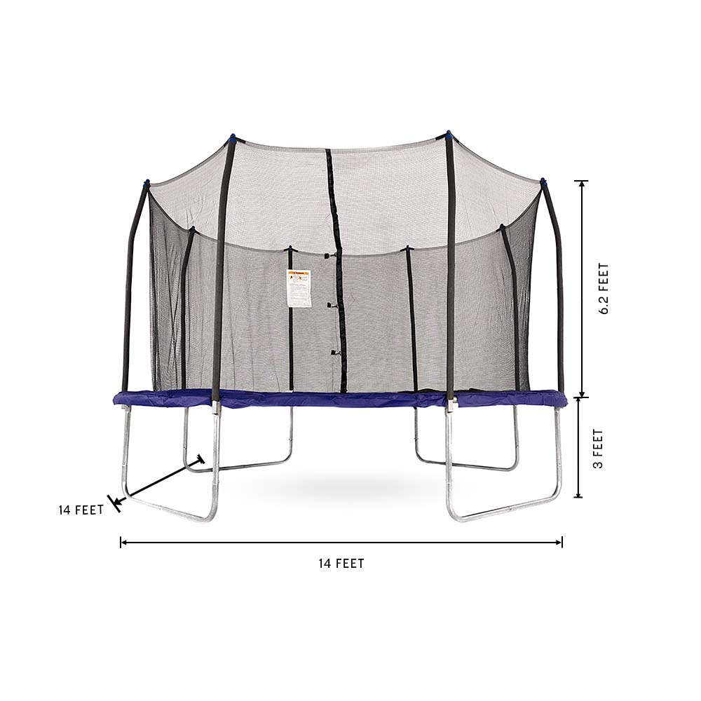 The square trampoline is 14 feet wide, 14 feet long, and 9.2 feet tall. 