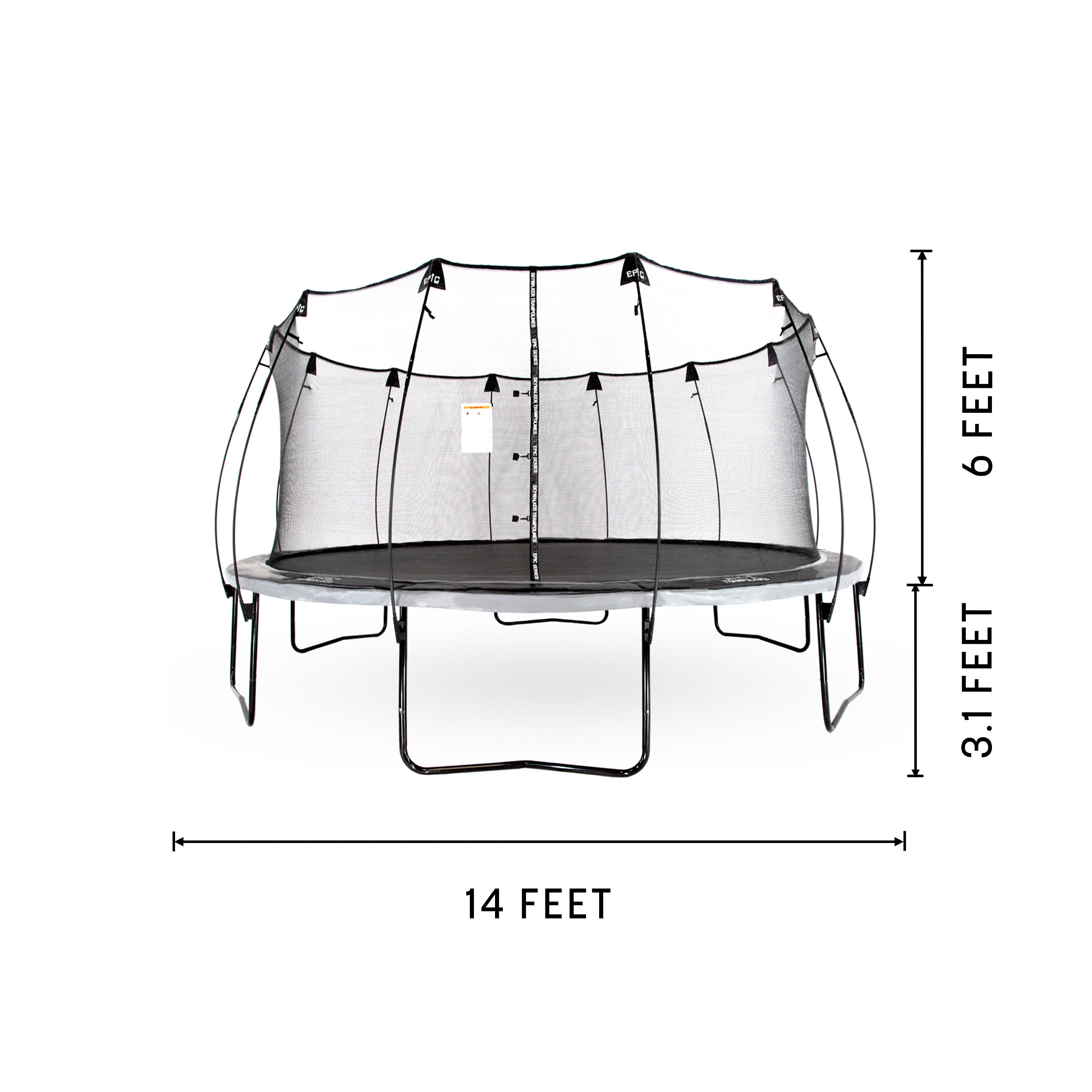 The trampoline is 14 feet wide, 3.1 feet tall from ground to frame, and 6 feet tall from frame to top of enclosure. 