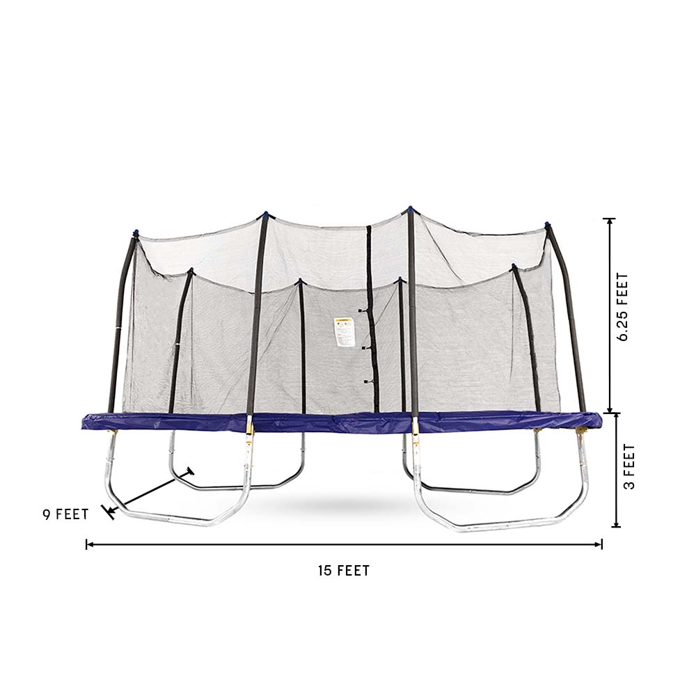 Dimension photo shows that the trampoline is 9 feet wide, 15 feet long, and 9.25 feet tall in total.