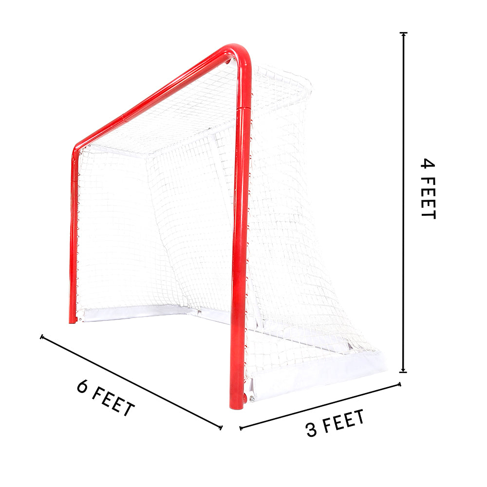 The regulation size hockey goal is 6 feet wide, 4 feet tall, and 3 feet deep. 