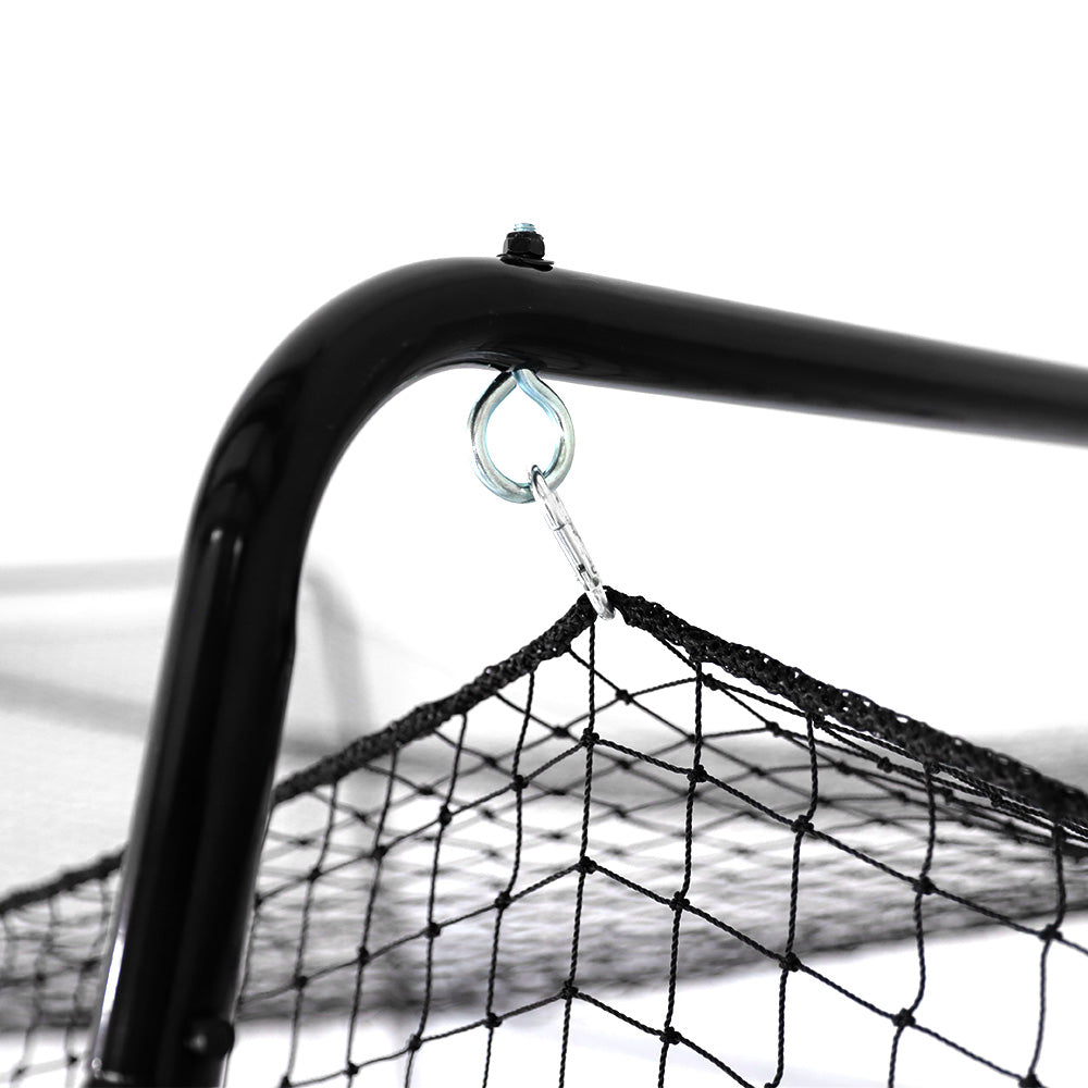 The polyethylene net is clipped onto the black steel frame.