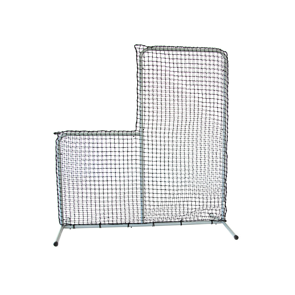 The 6-foot by 6-foot Pitchers L-Screen has a gray steel frame and black polyethylene netting.