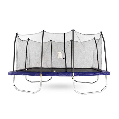 Large 9 by 15 foot rectangle trampoline with steel frame, blue spring pad, blue pole caps, and black jump mat.
