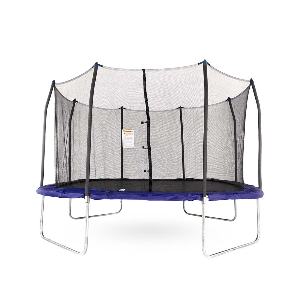 The 13-foot square trampoline with blue spring pad and blue pole caps has rounded edges. 