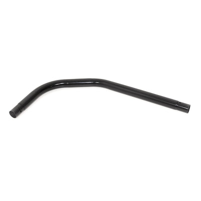 A curved male trampoline leg that is covered with black powder-coat. 