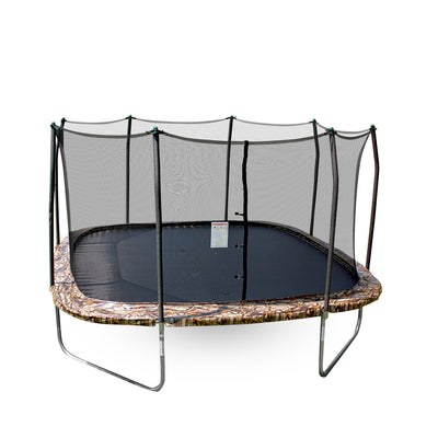 14-foot square trampoline with camouflage spring pad and green pole caps.