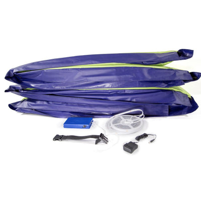 Kit includes 12-foot round spring pad, LED lights, battery pack, and charging cord. 