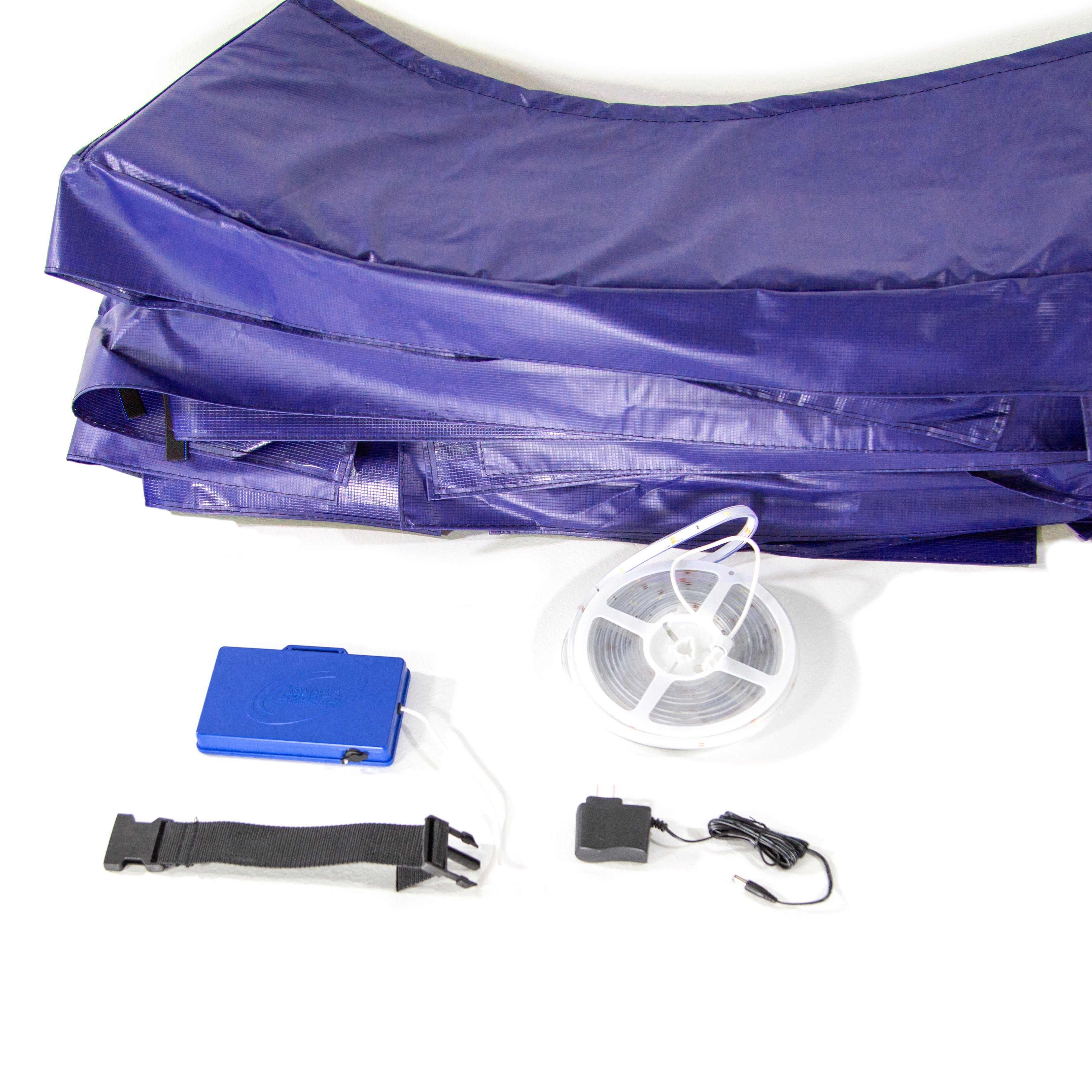 16-foot round blue spring pad with LED light kit. 
