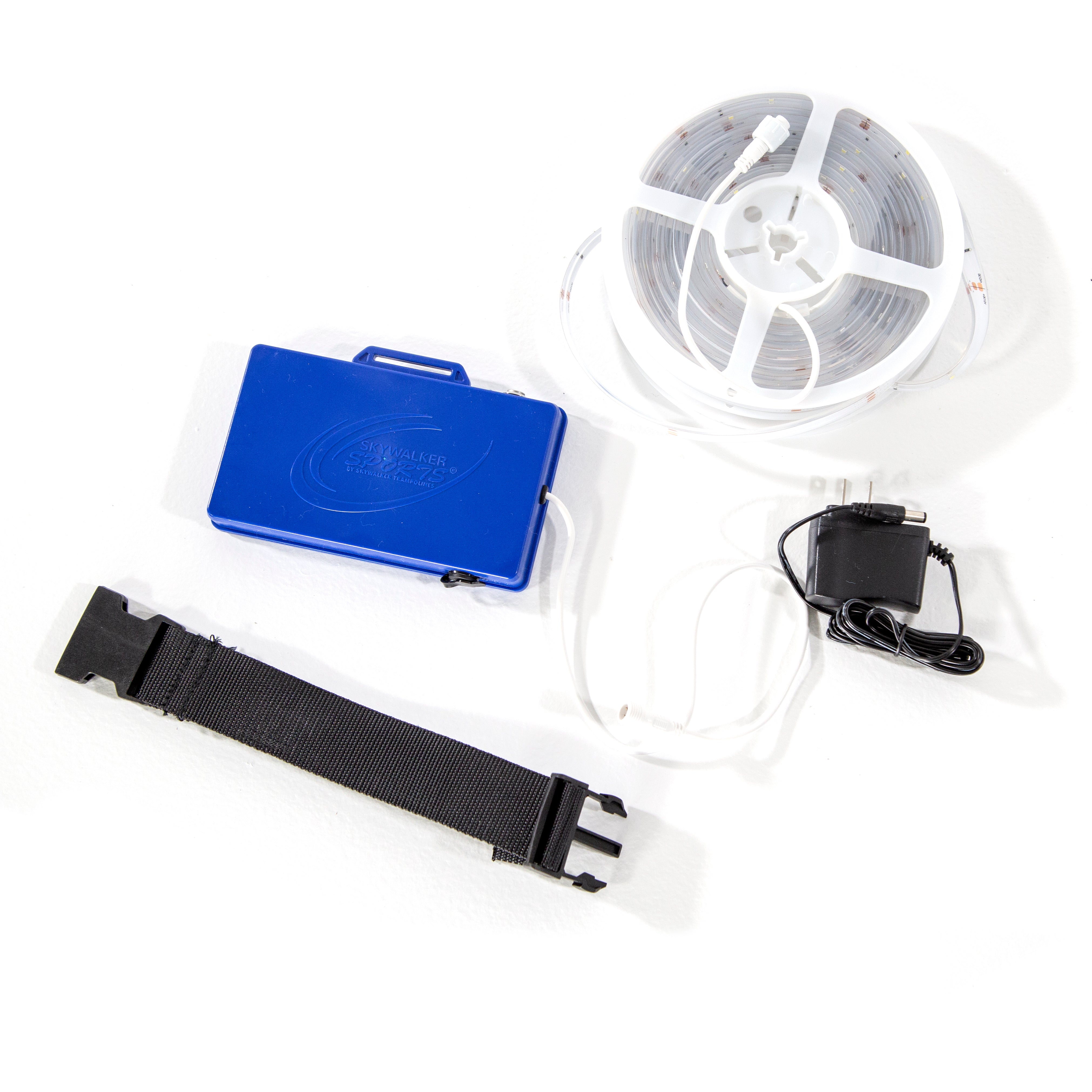 The lighted spring pad kit comes with a black strap, LED light strip, and a battery pack and charger. 