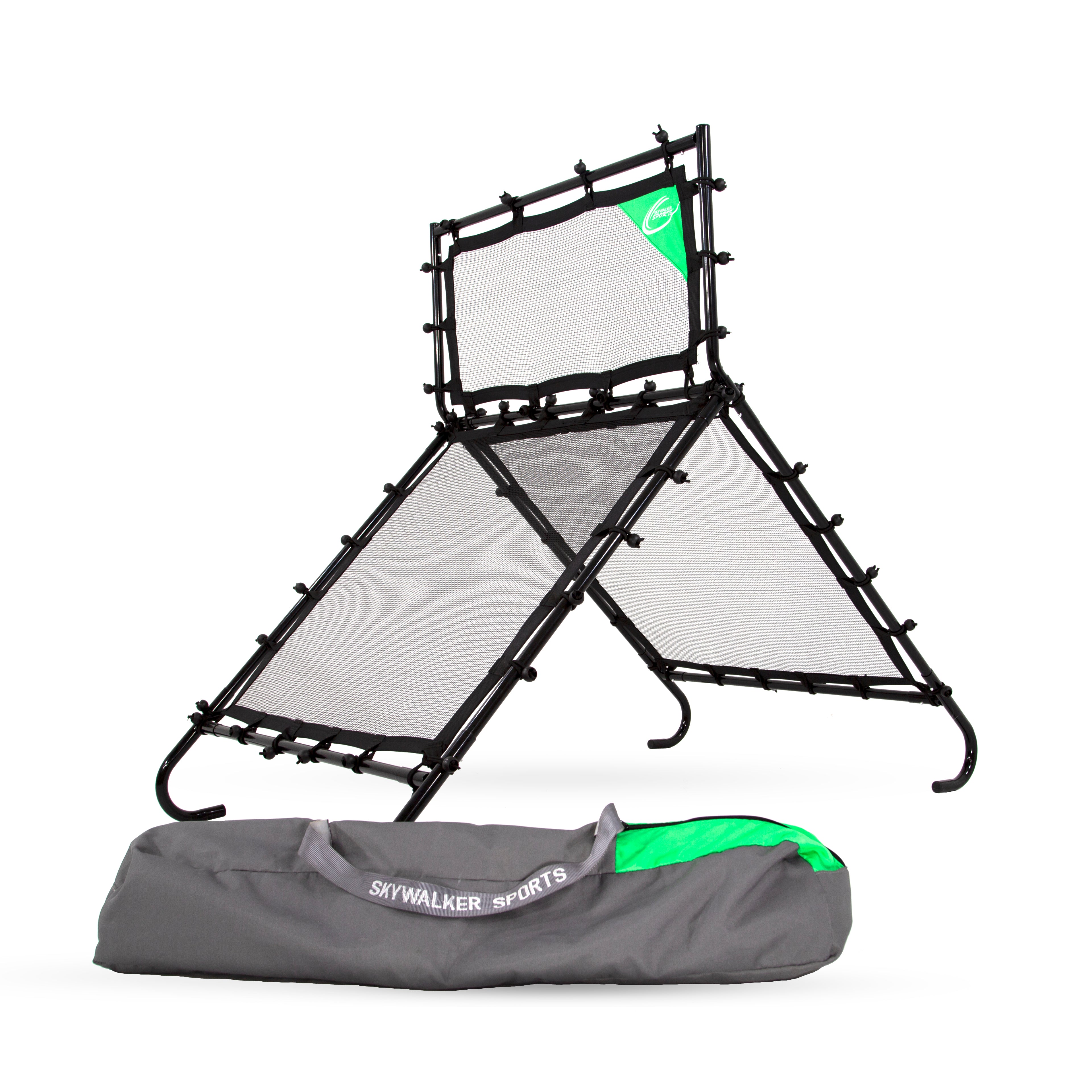 The Multi-Sport Training Rebounder with its gray and green Skywalker Sports carrying case in front of it.