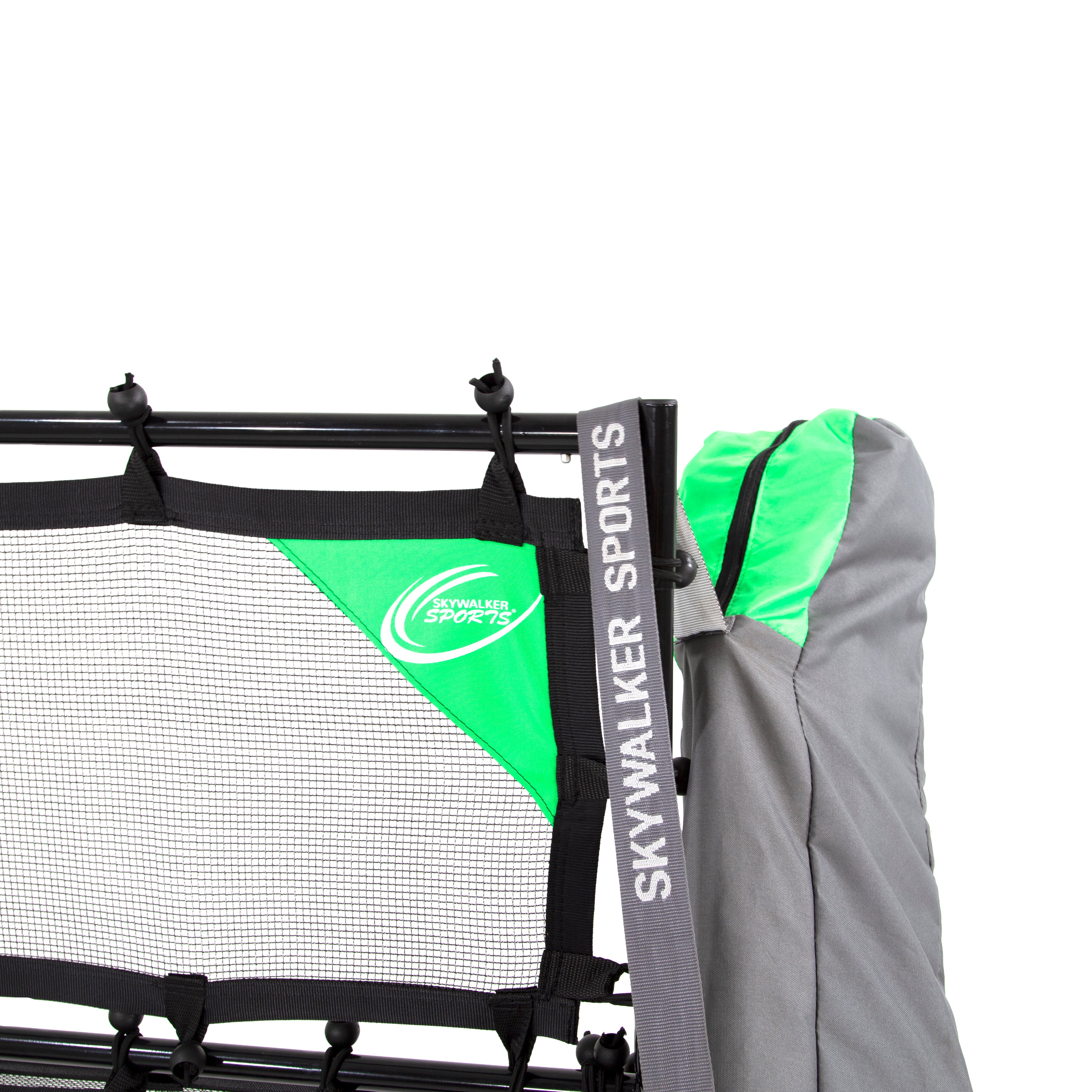 Close-up view of the carrying case hung on the edge of the rebounder's frame.