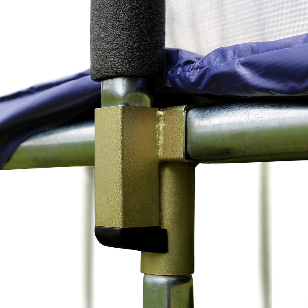 The blue spring pad sits above the trampoline's T-socket. 