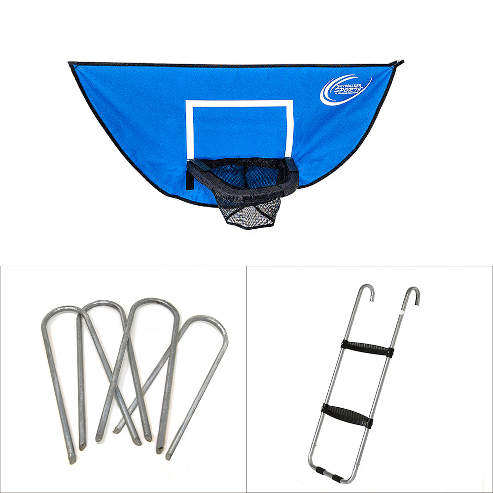 Accessory kit comes with blue basketball hoop game, wide-step trampoline ladder, and four wind stakes. 