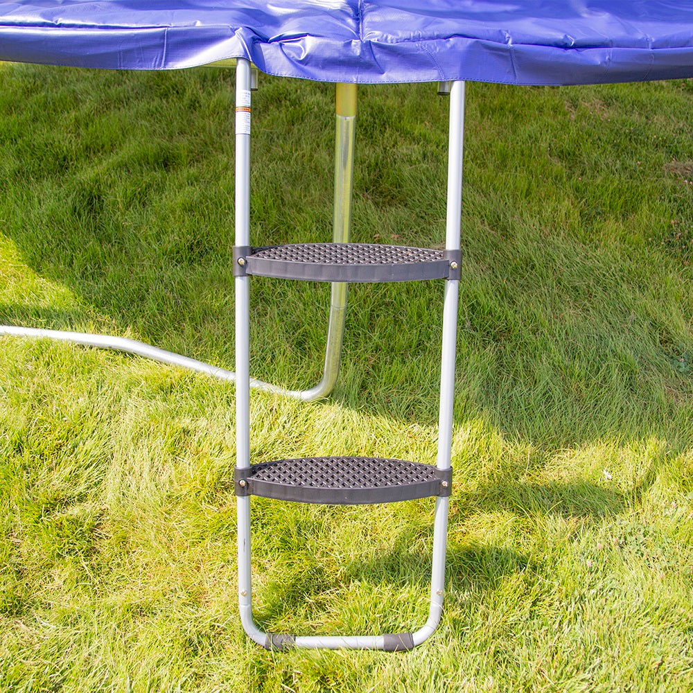 Front view of the wide-step trampoline ladder hooked onto the trampoline frame. 