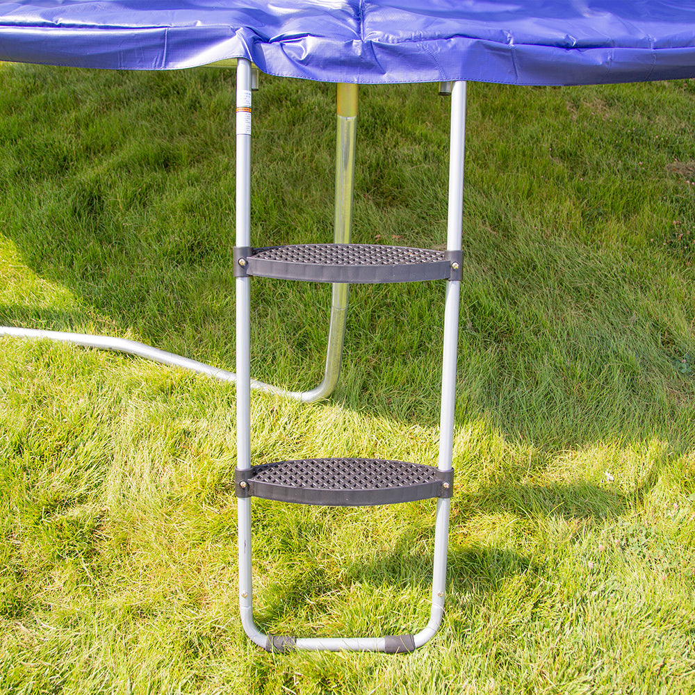 The two-rung plastic step ladder is hooked onto a trampoline with a blue spring pad. 