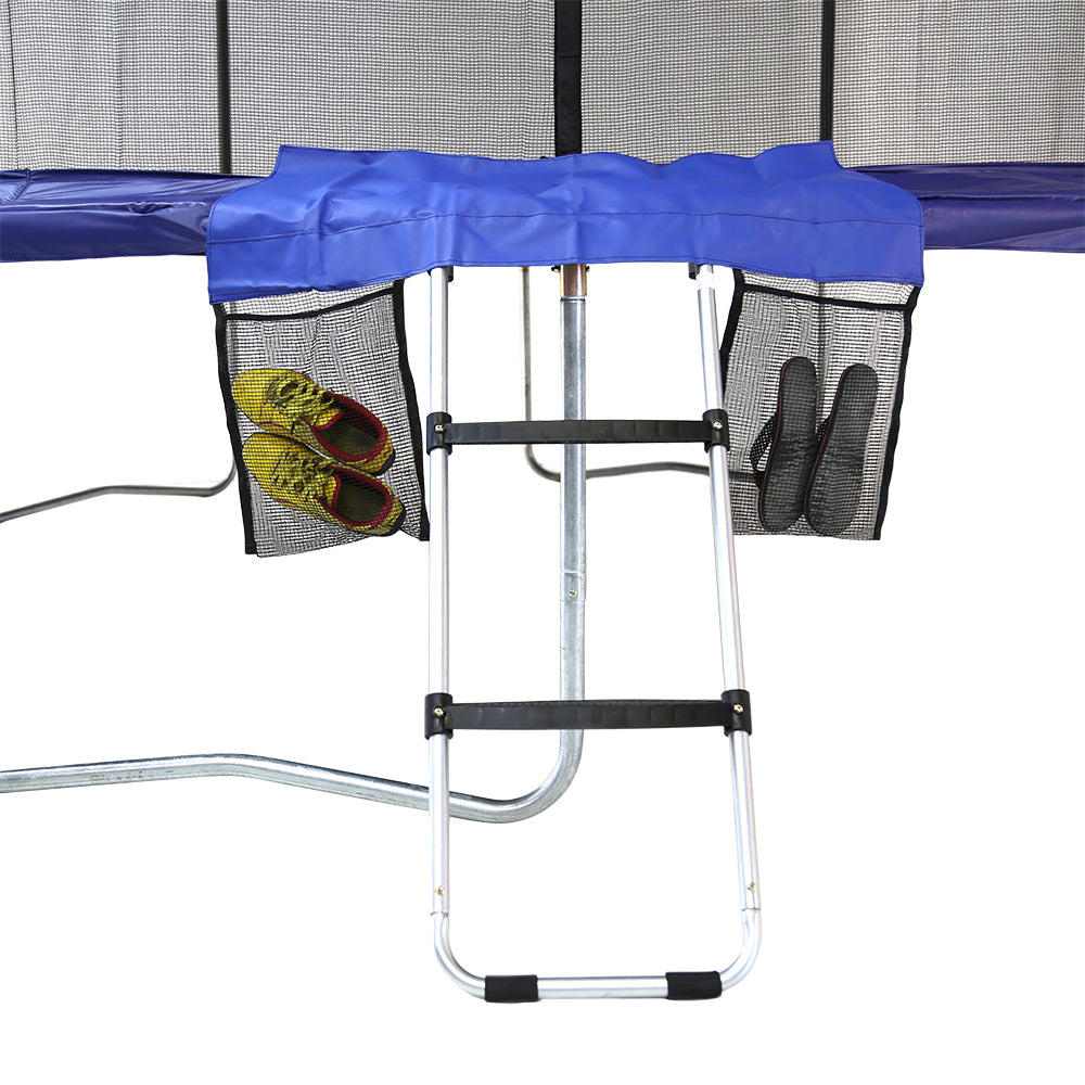 Two-rung trampoline ladder is hooked onto trampoline frame with door mat and shoe bag on top of spring pad. 
