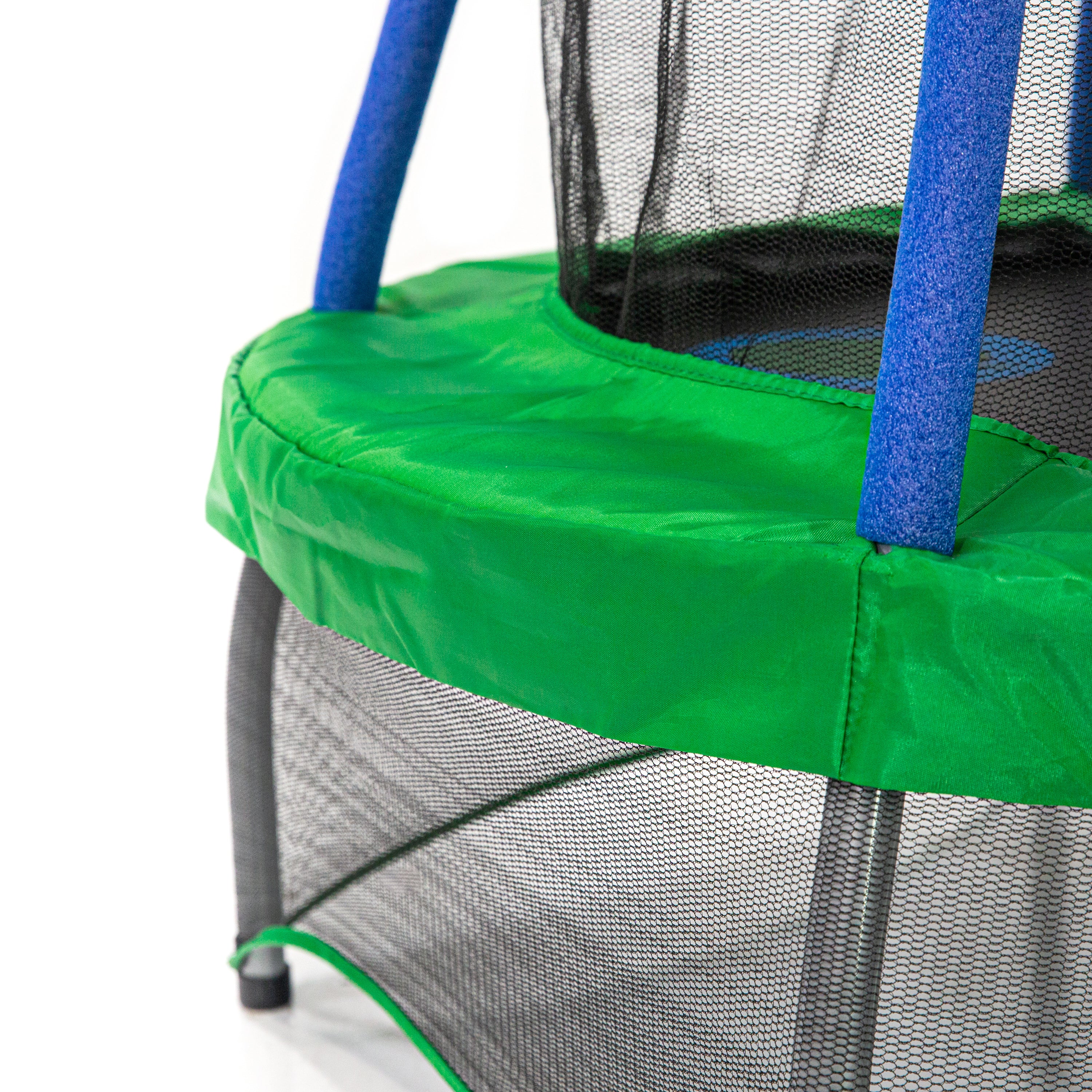 Blue foam-padded enclosure poles go through holes in the bright green frame pad. 