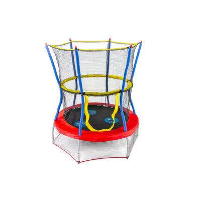 Red, yellow, and blue 48-inch mini kids trampoline with zoo animal design on jump mat.