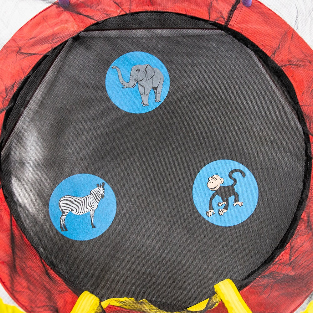 Black jump mat depicts elephant, zebra, and monkey design. 
