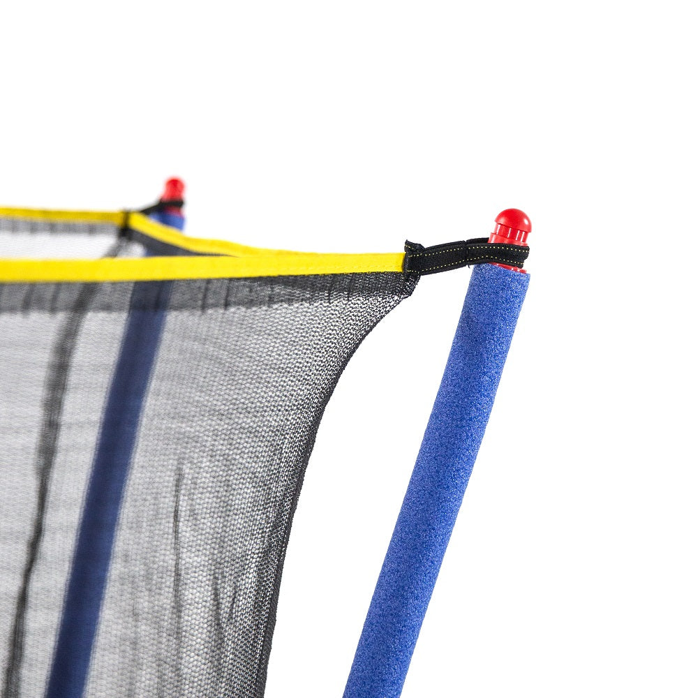 Black enclosure net with yellow trim is secured around red pole cap on top of blue enclosure pole. 