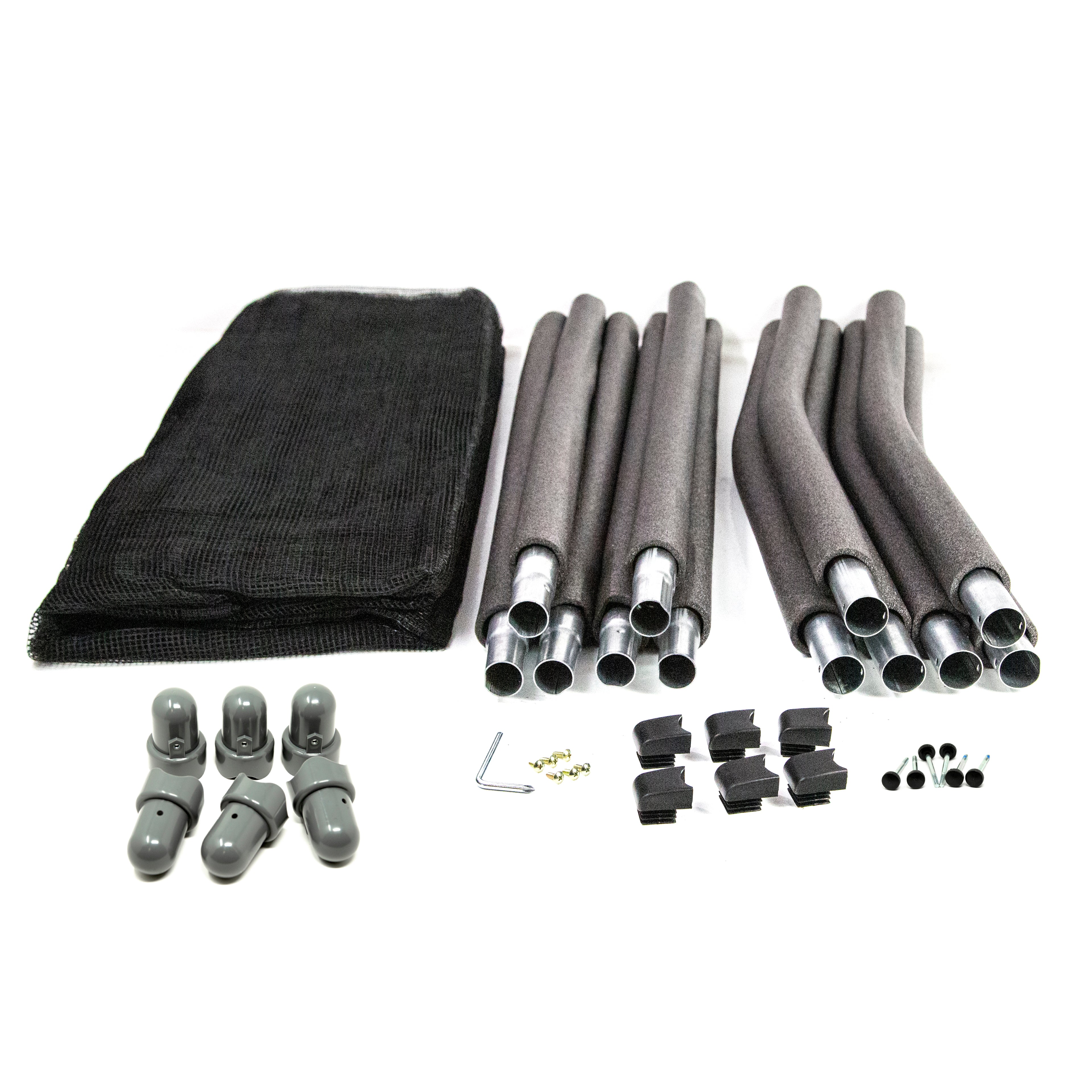 Enclosure kit for 15-foot round trampolines includes enclosure net, enclosure poles, pole caps, and necessary hardware. 