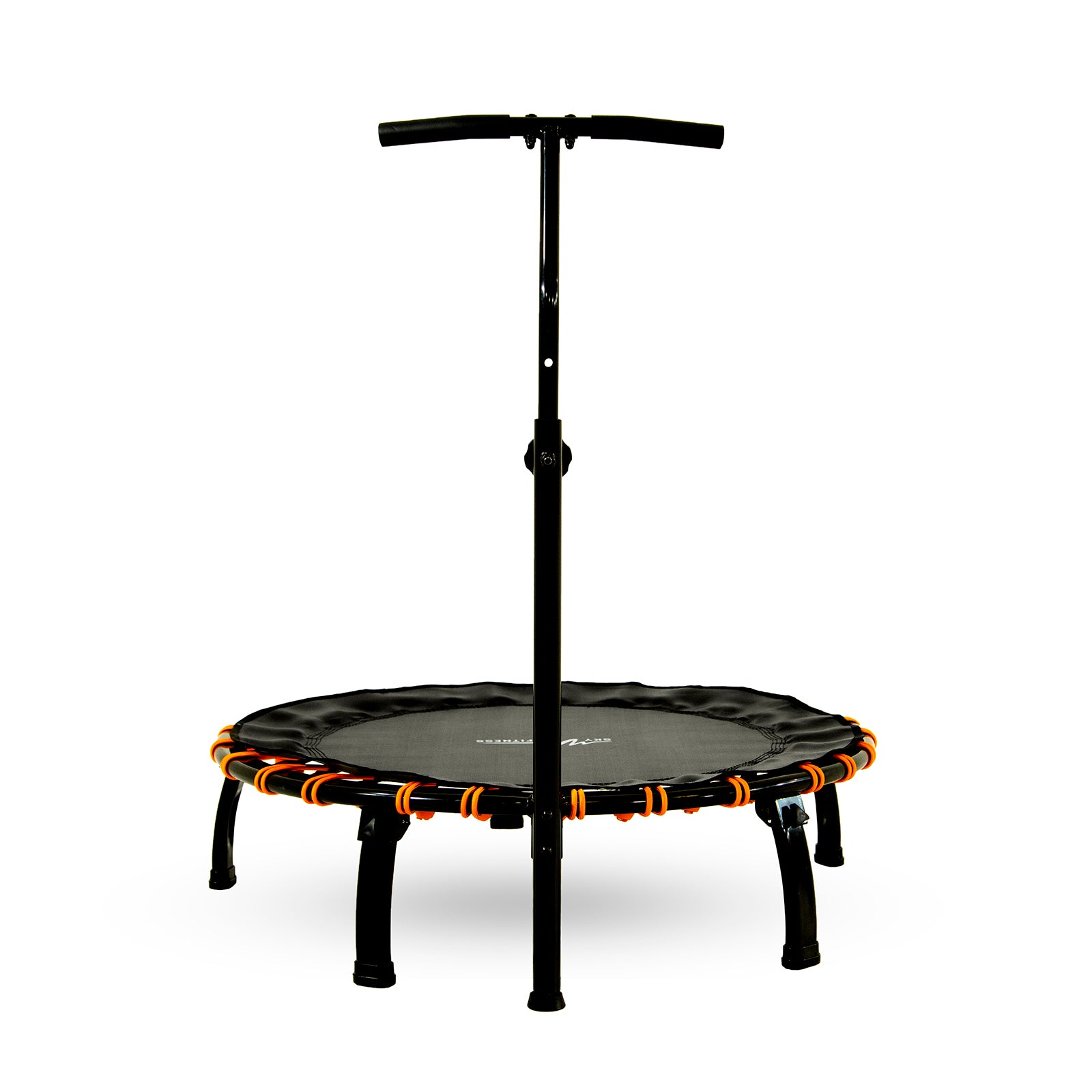 The 40-inch SkyFitness trampoline is black with orange bungee cords. 