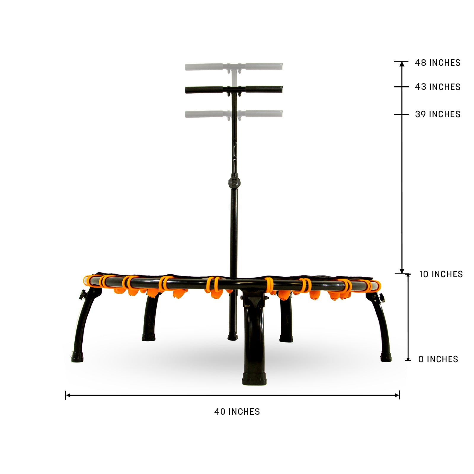 The SkyFitness trampoline is 40 inches wide, 10 inches tall from floor to frame, and has a handle with three different height settings. 