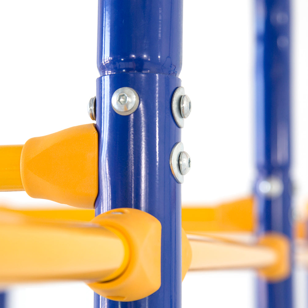 Close-up view of metal bolts in blue jungle gym pole. 
