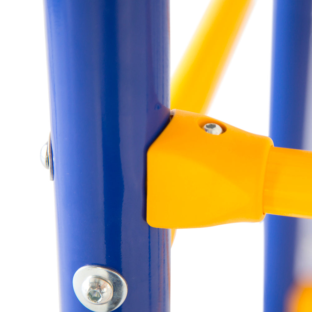 Close-up view of where the yellow bars meet the blue poles. 