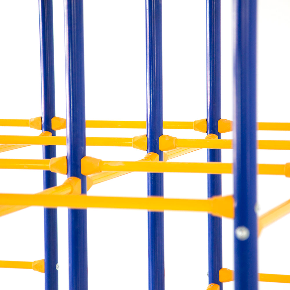 Yellow horizontal bars connect blue vertical poles. 