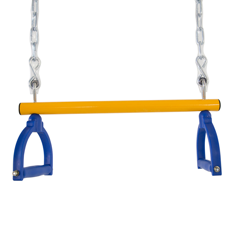 The handgrip swing has blue handles, a yellow leg bar, and plastic-coated chains. 