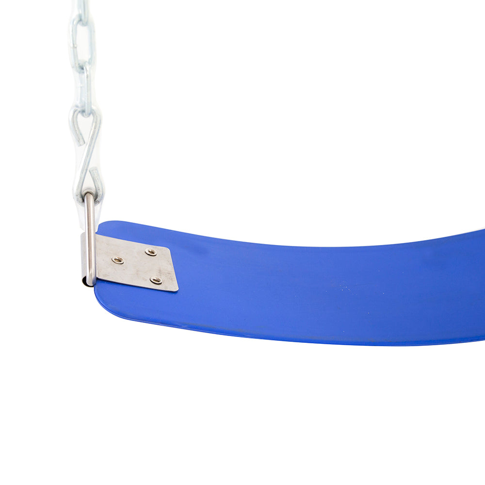 The traditional seat swing has a blue seat with plastic coated chains connected to it. 