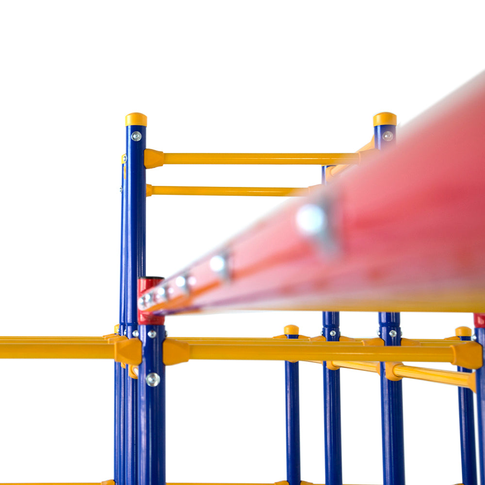 Very close-up view of the red steel poles on the monkey bars set. 