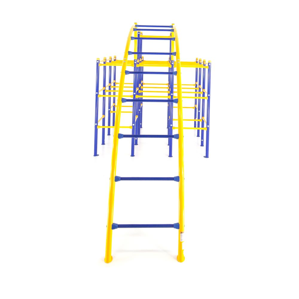 Straight-on view of the yellow and blue Arched Ladder accessory module. 