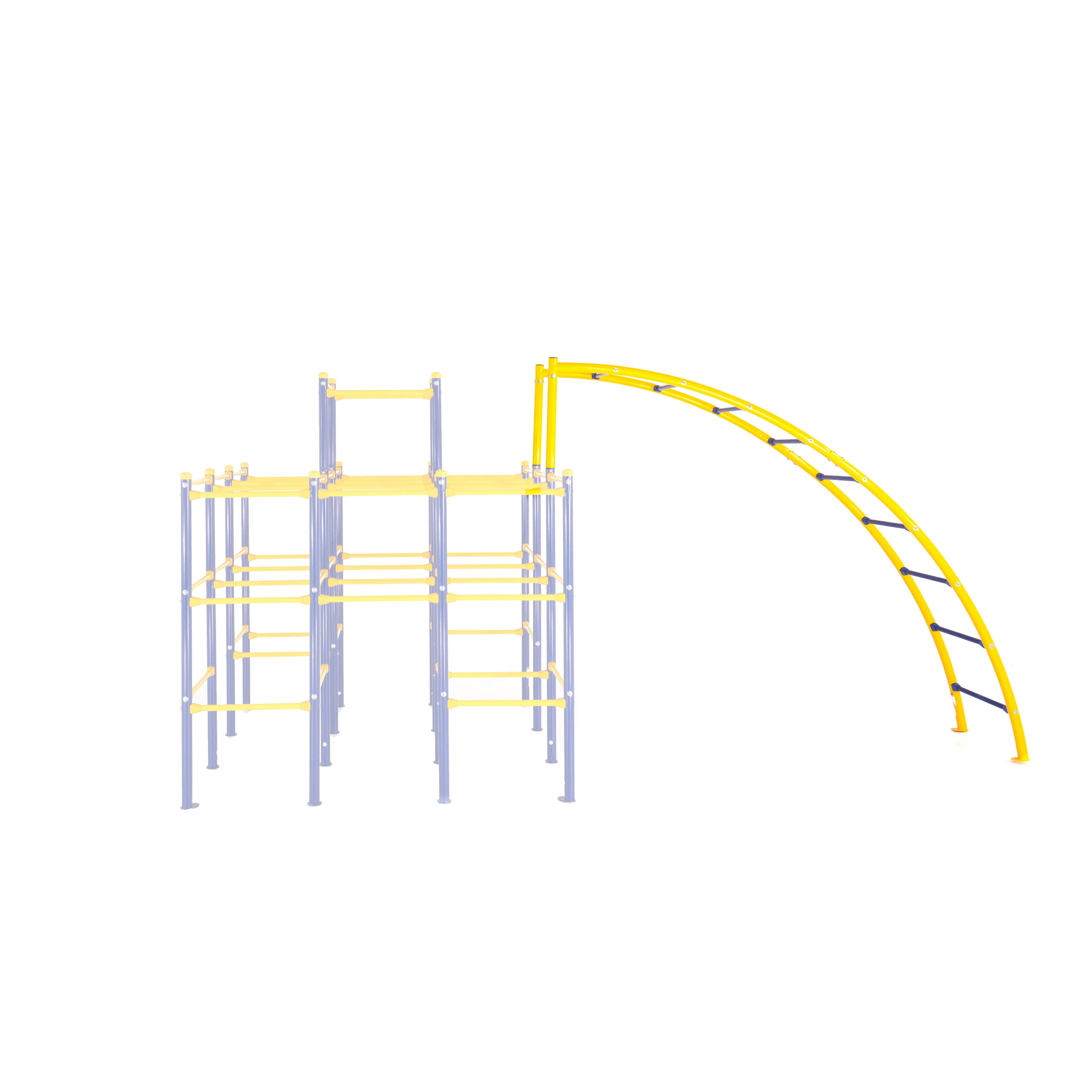 Yellow and blue Arched Ladder accessory module is attached to the yellow and blue Modular Jungle Gym base.