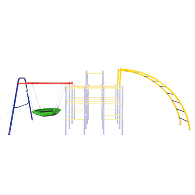 The Saucer Swing sits on the left of the jungle gym base, and the Arched Ladder sits on the right of it.