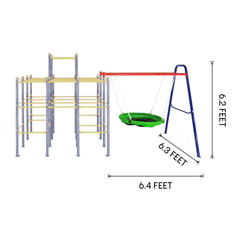 The Saucer Swing Accessory Module is 6.2 feet tall, 6.4 feet wide, and 6.3 feet deep.