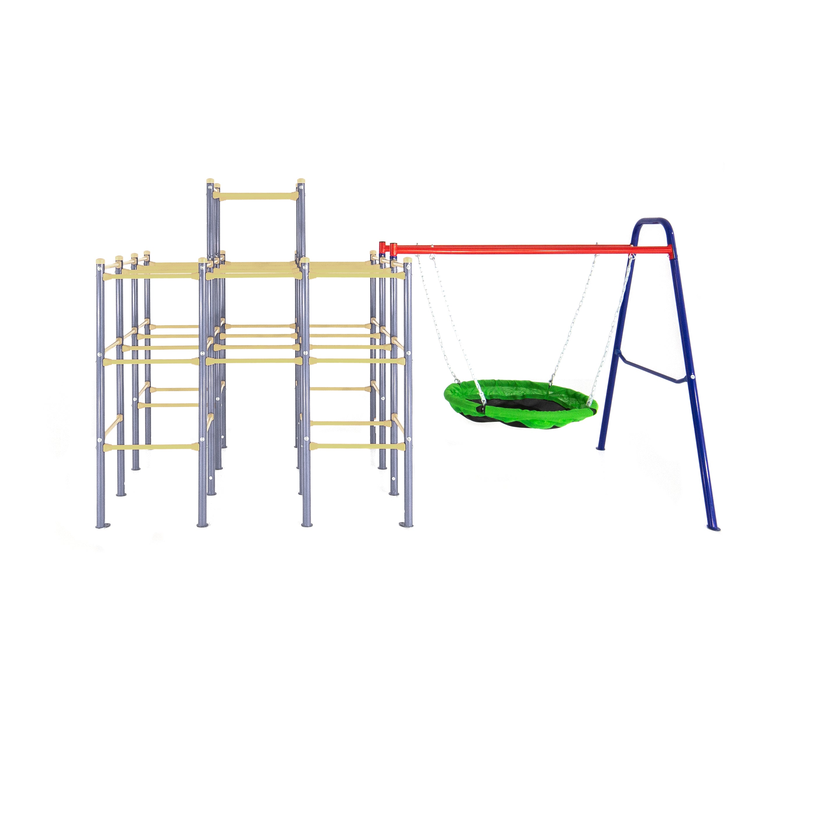 The Saucer Swing Accessory Module is connected to the Modular Jungle Gym Base.