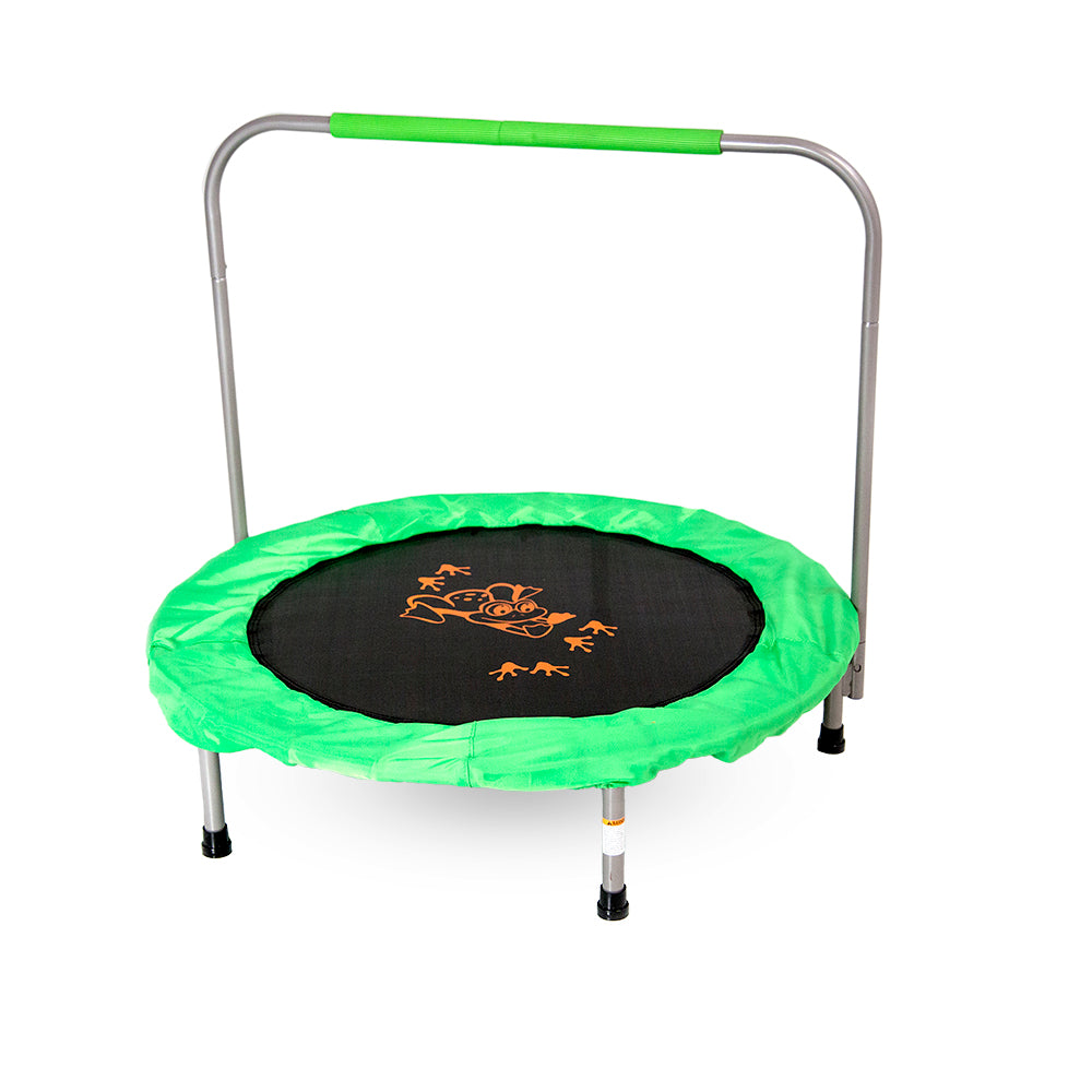 36-inch mini kids trampoline with green frame pad, green padded handlebar, and orange frog design on jump mat.