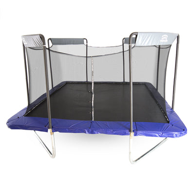 16-foot colossal premium square trampoline with blue spring pad and arched enclosure poles.