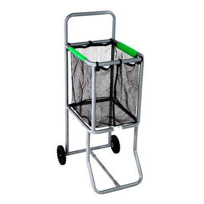 The Baseball and Softball Cart has green and black netting materials, black wheels, and a gray steel frame.