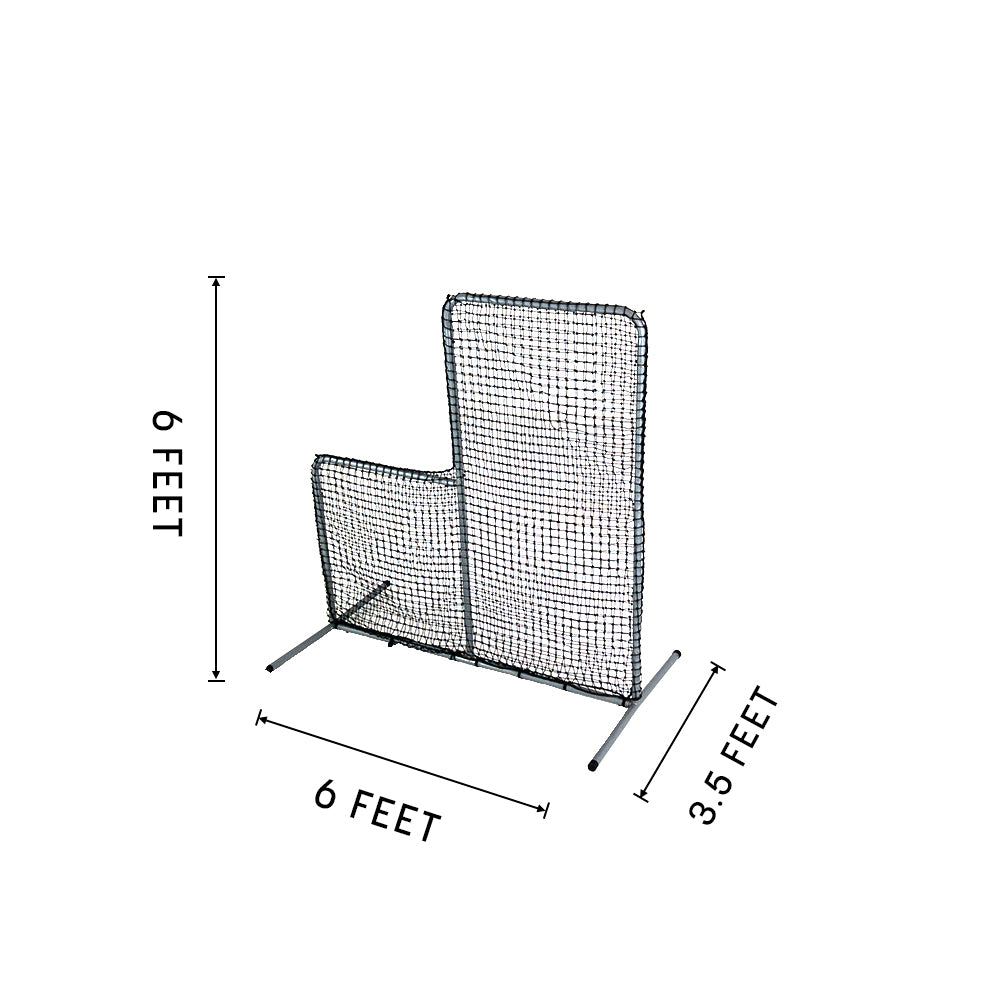 The Pitchers L-Screen is 6 feet wide, 6 feet tall, and 3.5 feet deep including the constructed feet.