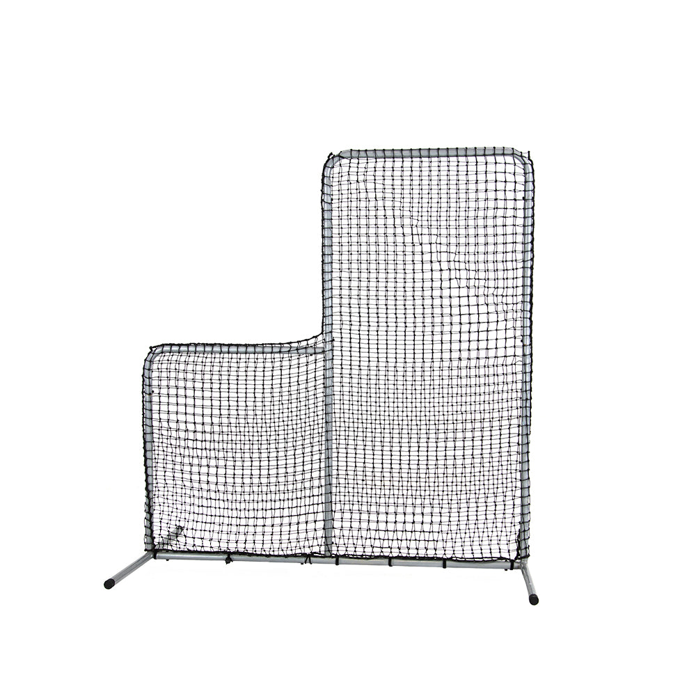 7-foot by 7-foot Pitchers L-Screen with gray powder-coated steel frame and black netting.