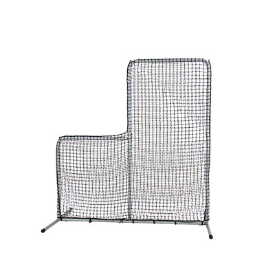 7-foot by 7-foot Pitchers L-Screen with gray powder-coated steel frame and black netting.