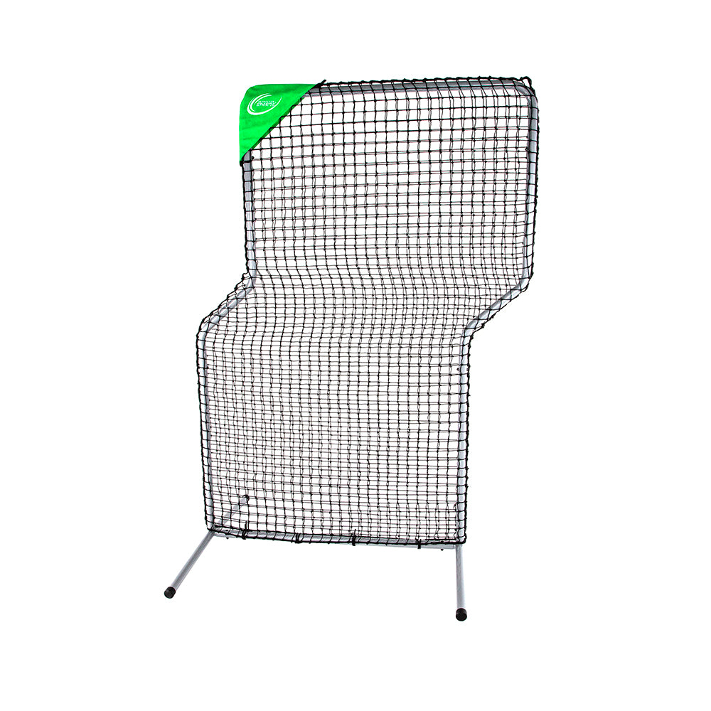 The 7-foot by 5-foot Sky Screen has a gray steel frame, black netting, and a green Skywalker Sports sleeve on one corner. 